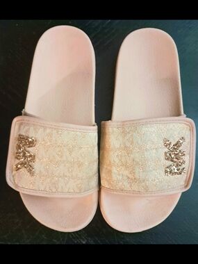 Women's Michael Kors Pink Glitter Logo Slides Size 5